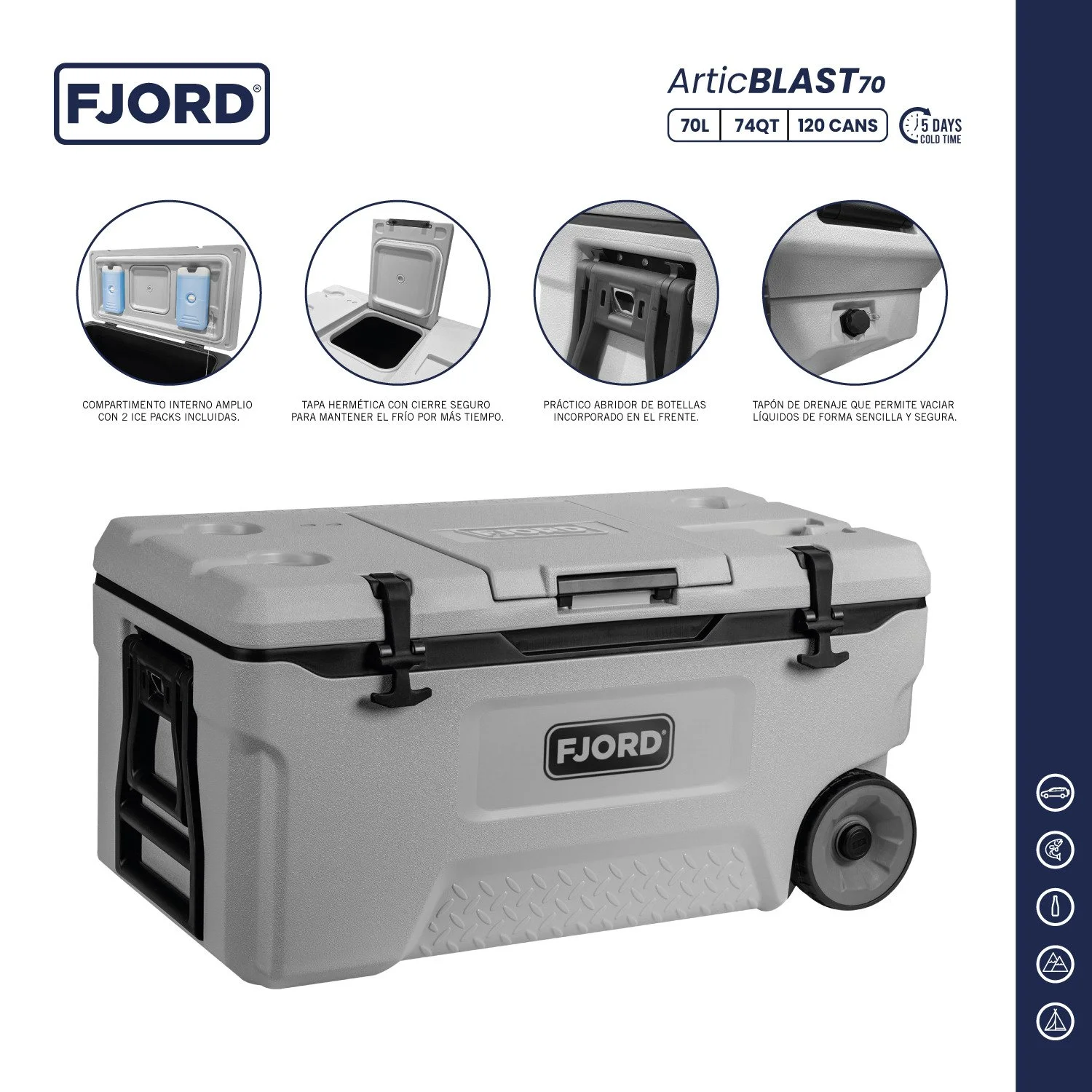 cooler valha 70l con ruedas fjord, tapa con 4 portavasos y soporte para celular